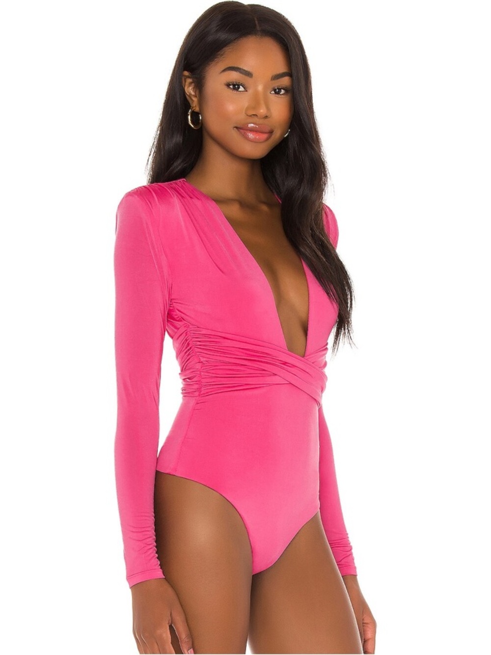 Lovers + Friends Anya Bodysuit NWT XS Pink Plunge Ruched Long Sleeve